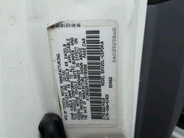 4T1BG22K4YU978998 - 2000 TOYOTA CAMRY CE WHITE photo 10