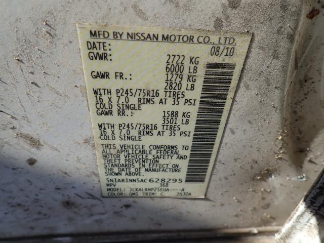 5N1AR1NN5AC628295 - 2010 NISSAN PATHFINDER WHITE photo 10