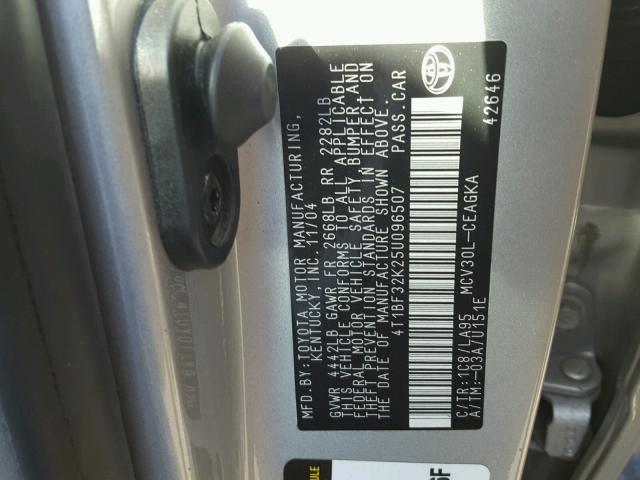 4T1BF32K25U096507 - 2005 TOYOTA CAMRY LE 银色 照片 10