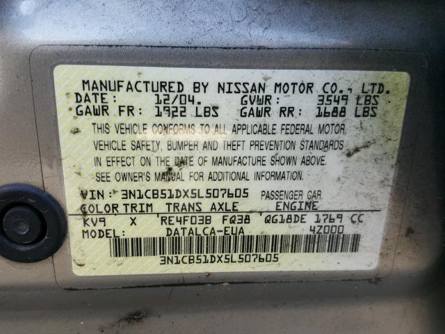 3N1CB51DX5L507605 - 2005 NISSAN SENTRA 1.8 GOLD photo 10