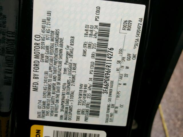 3FA6P0K96FR114276 - 2015 FORD FUSION TIT BLACK photo 10