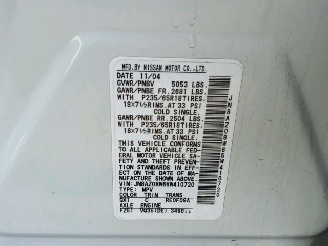 JN8AZ08W65W410720 - 2005 NISSAN MURANO SL WHITE photo 10