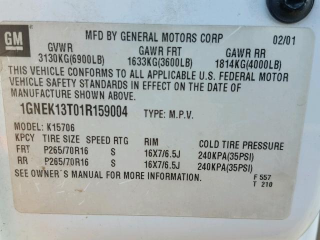 1GNEK13T01R159004 - 2001 CHEVROLET TAHOE K150 WHITE photo 10