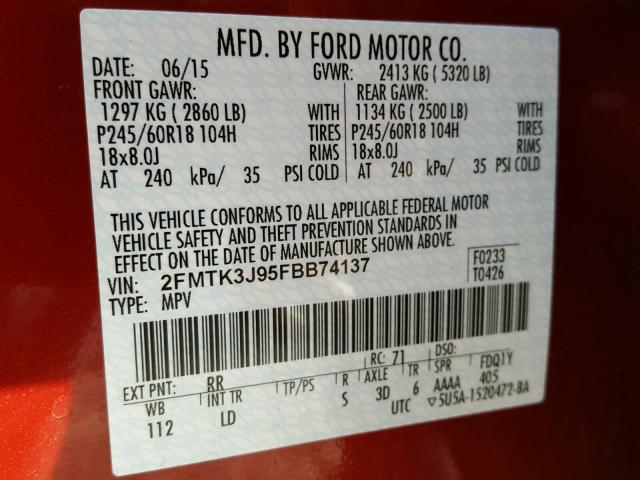 2FMTK3J95FBB74137 - 2015 FORD EDGE SEL RED photo 10