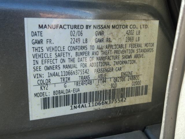 1N4AL11D66N375542 - 2006 NISSAN ALTIMA S BROWN photo 10