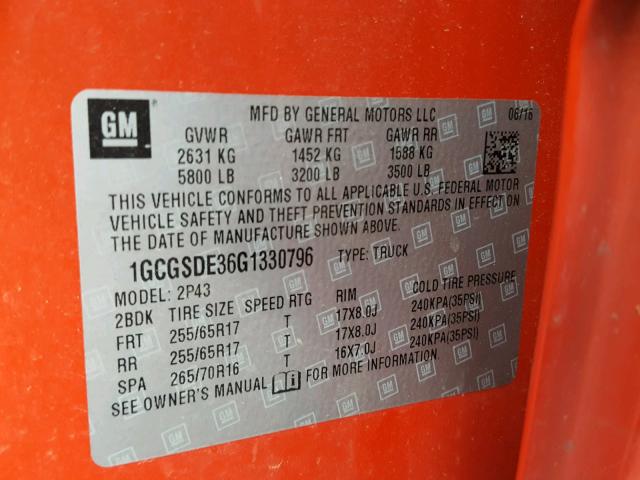 1GCGSDE36G1330796 - 2016 CHEVROLET COLORADO Z ORANGE photo 10