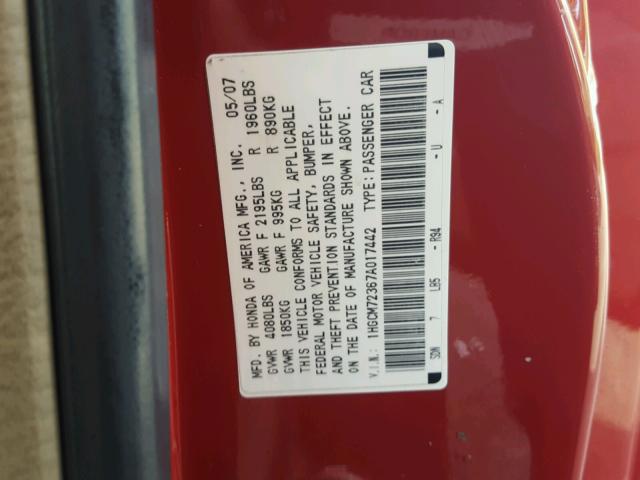 1HGCM72367A017442 - 2007 HONDA ACCORD LX RED photo 10