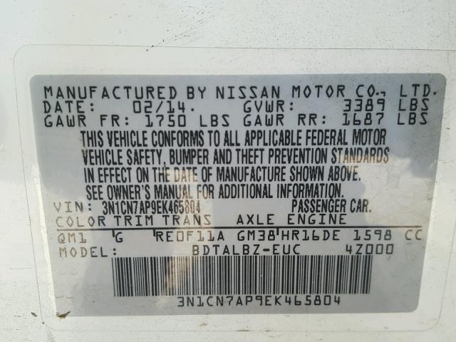 3N1CN7AP9EK465804 - 2014 NISSAN VERSA S WHITE photo 10