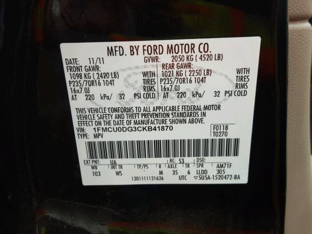 1FMCU0DG3CKB41870 - 2012 FORD ESCAPE XLT BLACK photo 10