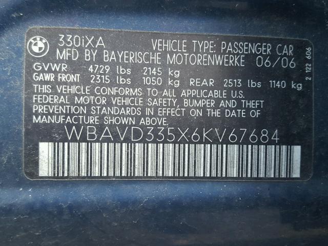 WBAVD335X6KV67684 - 2006 BMW 330 XI BLUE photo 10