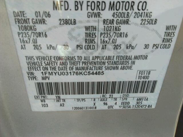 1FMYU03176KC54485 - 2006 FORD ESCAPE XLT GRAY photo 10