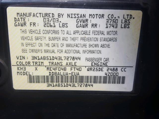 3N1AB51D43L727844 - 2003 NISSAN SENTRA SE- BLACK photo 10