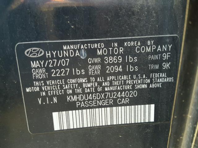 KMHDU46DX7U244020 - 2007 HYUNDAI ELANTRA GL BLACK photo 10