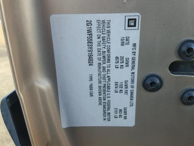 2G1WF55E3Y9184824 - 2000 CHEVROLET IMPALA TAN photo 10