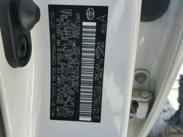 JTDBU4EE6AJ077220 - 2010 TOYOTA COROLLA BA WHITE photo 10