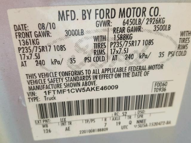 1FTMF1CW5AKE46009 - 2010 FORD F150 SILVER photo 10