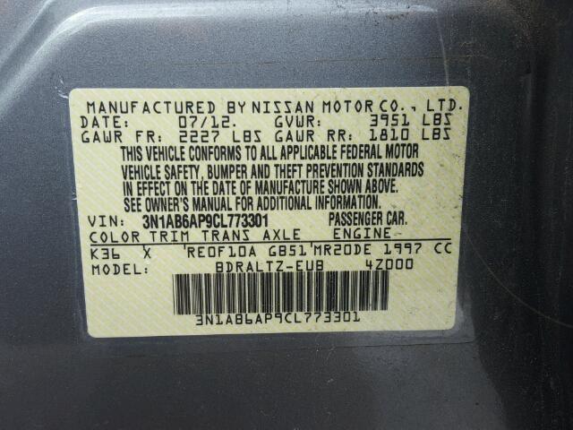 3N1AB6AP9CL773301 - 2012 NISSAN SENTRA 2.0 GRAY photo 10