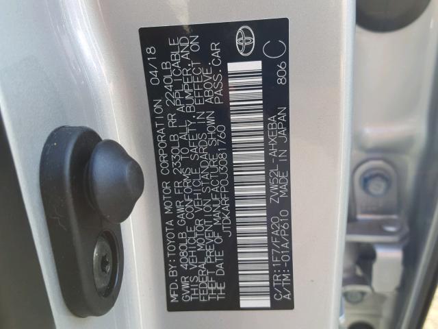 JTDKARFP0J3081760 - 2018 TOYOTA PRIUS PRIM 银色 照片 10