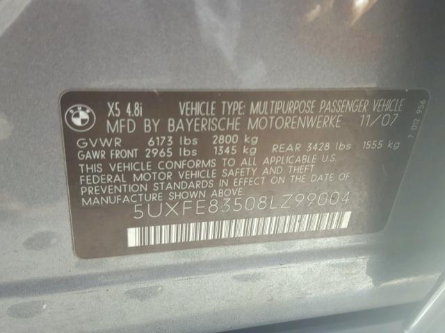 5UXFE83508LZ99004 - 2008 BMW X5 4.8I GRAY photo 10