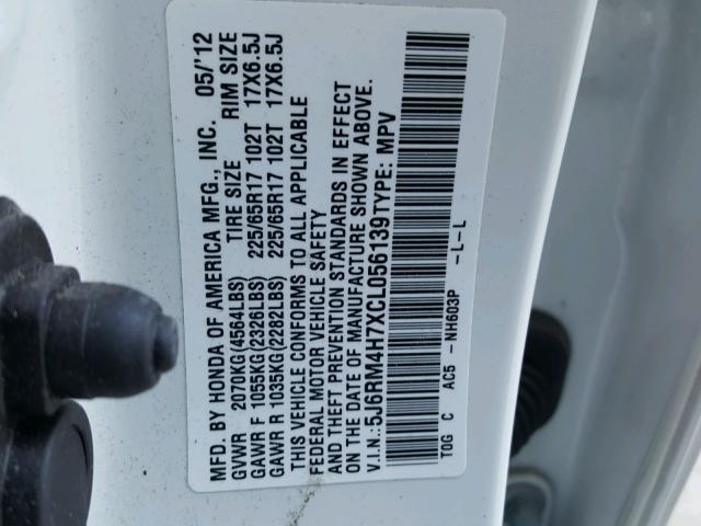 5J6RM4H7XCL056139 - 2012 HONDA CR-V EXL WHITE photo 10