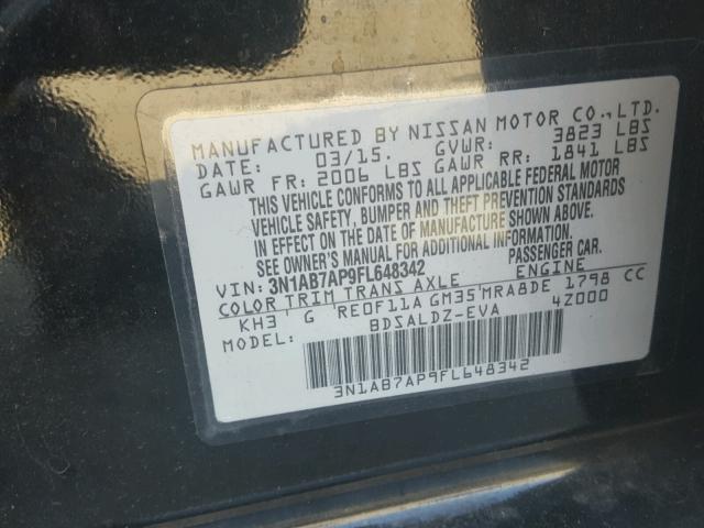 3N1AB7AP9FL648342 - 2015 NISSAN SENTRA S BLACK photo 10