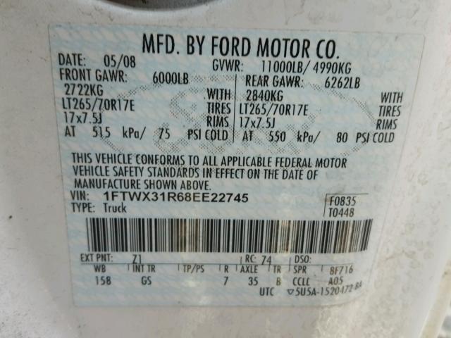 1FTWX31R68EE22745 - 2008 FORD F350 SRW S WHITE photo 10