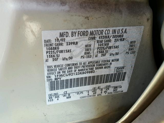 1FMCU92123KB09883 - 2003 FORD ESCAPE XLS TAN photo 10