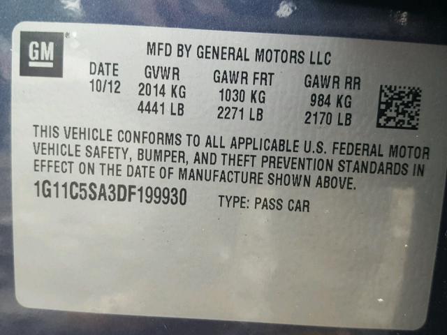 1G11C5SA3DF199930 - 2013 CHEVROLET MALIBU 1LT BLUE photo 10