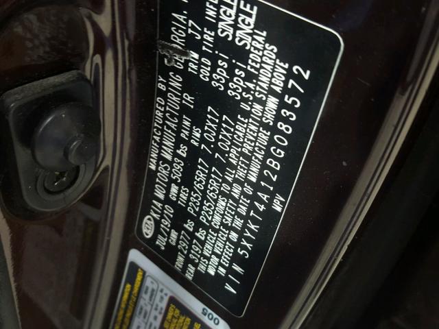 5XYKT4A12BG083572 - 2011 KIA SORENTO BA MAROON photo 10