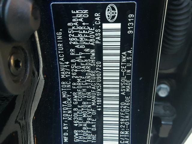 4T1BF1FK5FU907720 - 2015 TOYOTA CAMRY LE შავი ფოტო 10