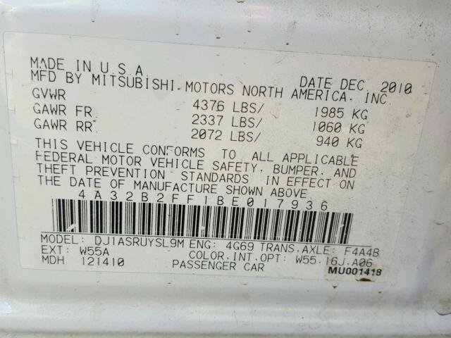 4A32B2FF1BE017936 - 2011 MITSUBISHI GALANT FE WHITE photo 10