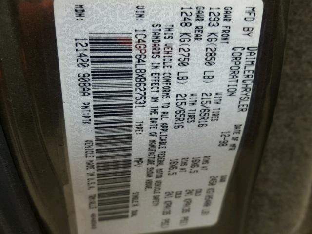 1C4GP64L8XB627531 - 1999 CHRYSLER TOWN & COU GRAY photo 10