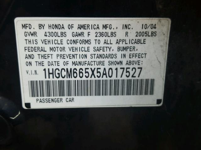 1HGCM665X5A017527 - 2005 HONDA ACCORD EX BLACK photo 10