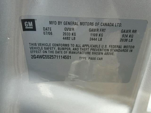 2G4WC552571114501 - 2007 BUICK LACROSSE C SILVER photo 10