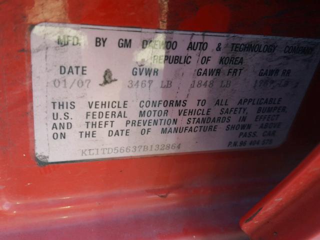 KL1TD56637B132864 - 2007 CHEVROLET AVEO BASE 红色 照片 10