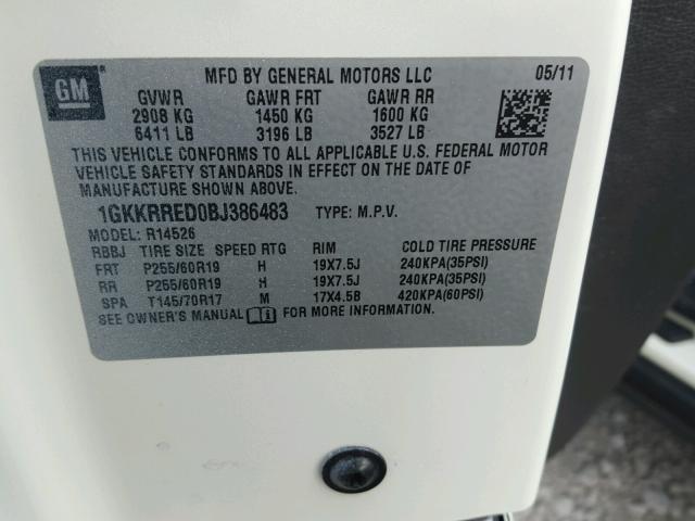 1GKKRRED0BJ386483 - 2011 GMC ACADIA SLT თეთრი ფოტო 10