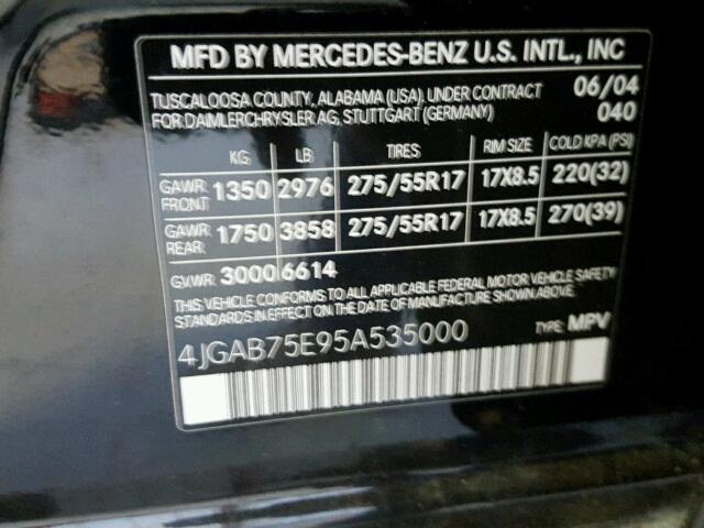 4JGAB75E95A535000 - 2005 MERCEDES-BENZ ML 500 BLACK photo 10