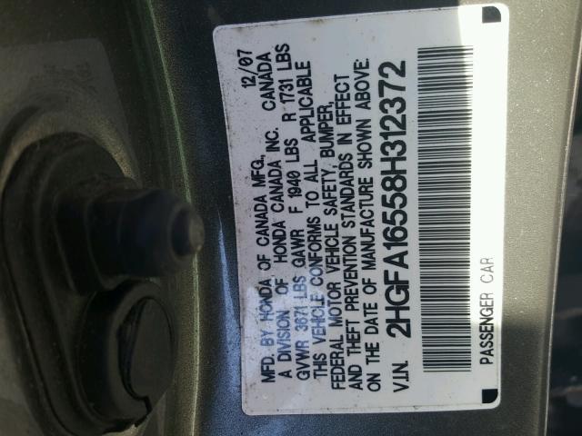 2HGFA16558H312372 - 2008 HONDA CIVIC LX GRAY photo 10