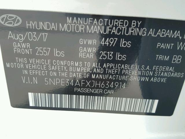 5NPE34AFXJH634914 - 2018 HYUNDAI SONATA SPO WHITE photo 10