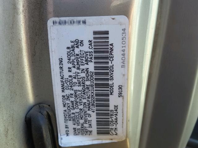 4T1BG22KX1U810062 - 2001 TOYOTA CAMRY CE SILVER photo 10