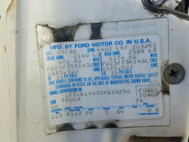 1FTCR14A7GPB39250 - 1986 FORD RANGER SUP WHITE photo 10