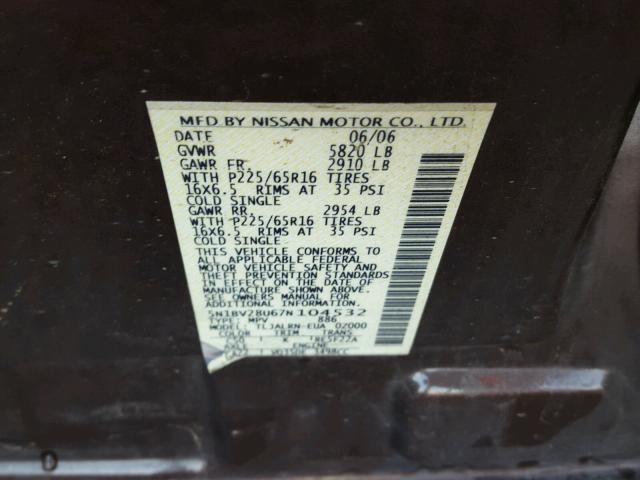 5N1BV28U67N104532 - 2007 NISSAN QUEST S BURGUNDY photo 10