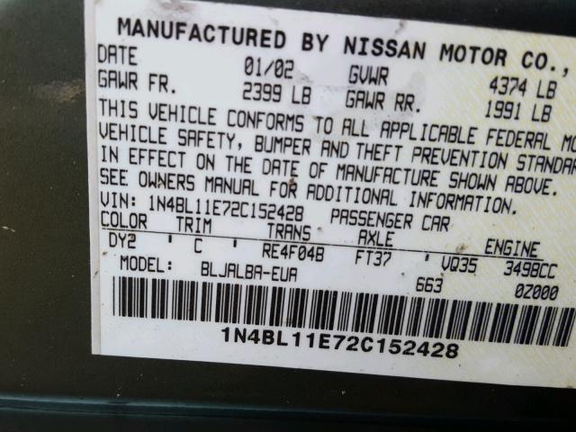 1N4BL11E72C152428 - 2002 NISSAN ALTIMA SE GREEN photo 10