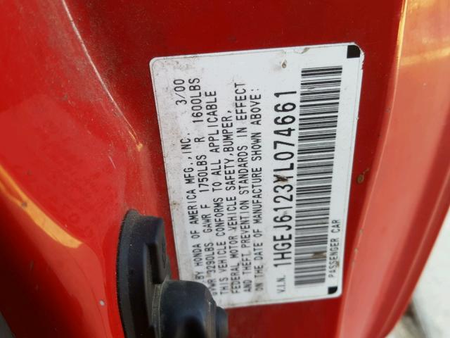 1HGEJ6123YL074661 - 2000 HONDA CIVIC DX RED photo 10