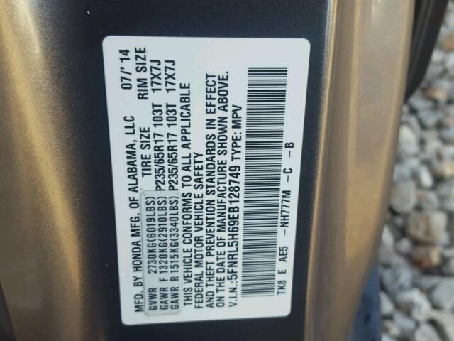 5FNRL5H69EB128749 - 2014 HONDA ODYSSEY EX GRAY photo 10