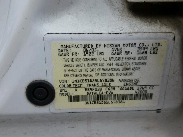 3N1CB51D55L578386 - 2005 NISSAN SENTRA 1.8 WHITE photo 10