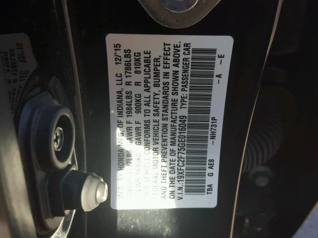 19XFC2F75GE016049 - 2016 HONDA CIVIC EX შავი ფოტო 10