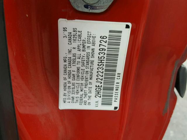 2HGEJ2223SH539726 - 1995 HONDA CIVIC DX RED photo 10