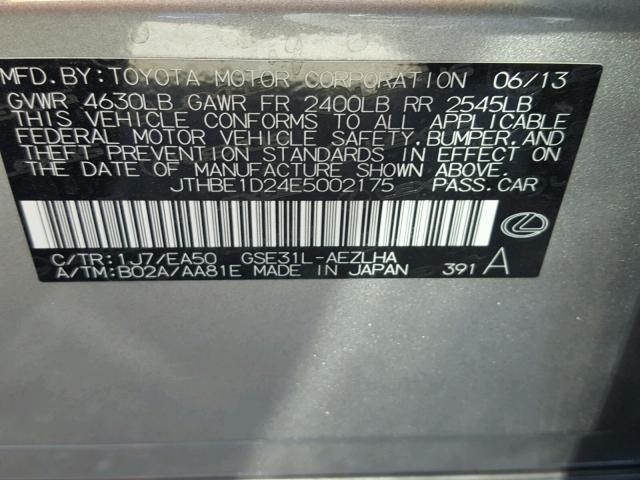 JTHBE1D24E5002175 - 2014 LEXUS IS 350 GRAY photo 10