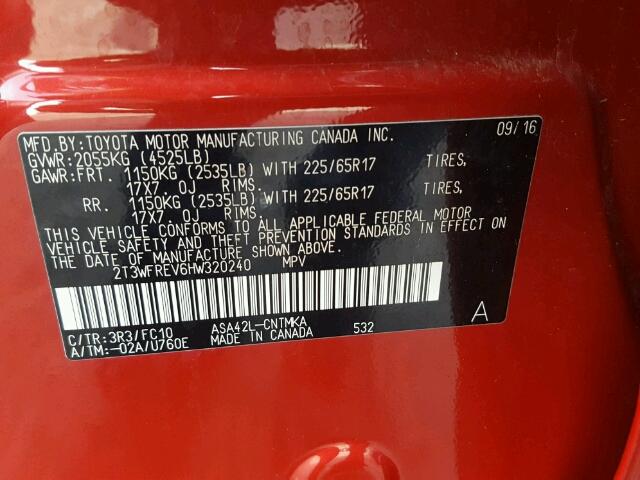 2T3WFREV6HW320240 - 2017 TOYOTA RAV4 XLE RED photo 10